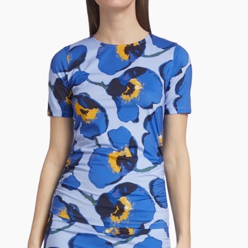 Carolina Herrera Ruched Poppy T-Shirt Lupine Blue Floral Stretchy Women Large